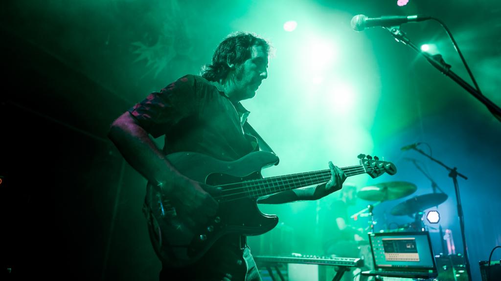 Artista en concierto con luz verdosa tocando el bajo